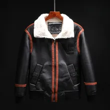 Зимняя Толстая флисовая куртка из искусственной кожи с меховым воротником, летная куртка ВВС, Мужская черная куртка с вышивкой, верхняя одежда