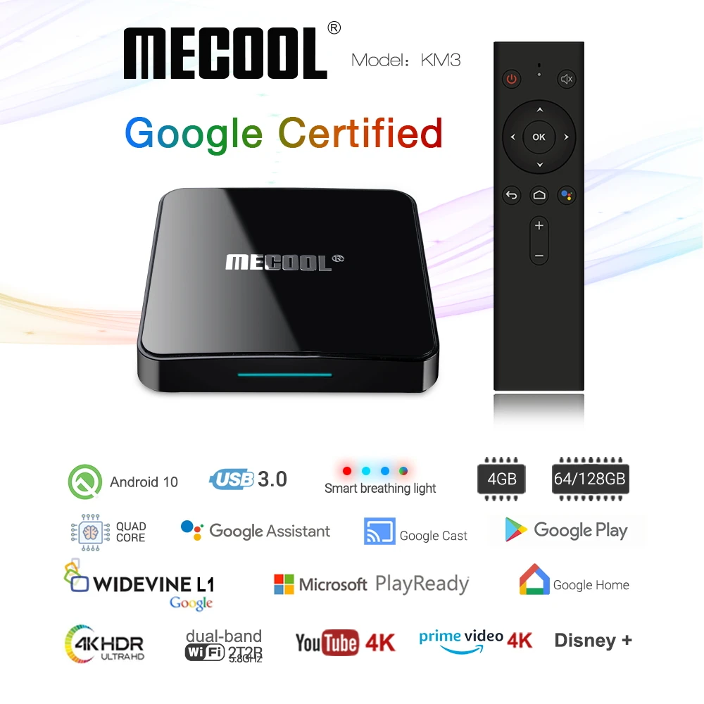 ТВ приставка MECOOL KM3 Android 10 0 4 Гб DDR4 64 ПЗУ голосовое управление Смарт Amlogic S905X2 2 4G 5G Wi Fi
