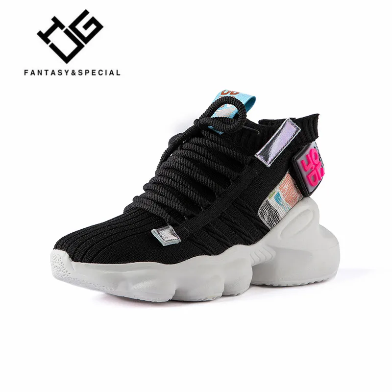 

IGU Black Sneakers For Women Flat Platform Shoes Tenis Feminino Stretch Socks High-top Fluorescent Shoes Women Pig Breathable