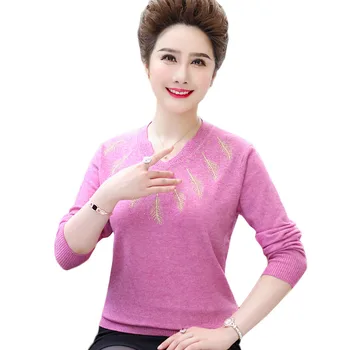 

New Middle-aged Women Sweater Spring Autumn Long Sleeve Soft Knit Sweater Pullover Plus Size 4XL Female Tops Bottoming Shirt 14