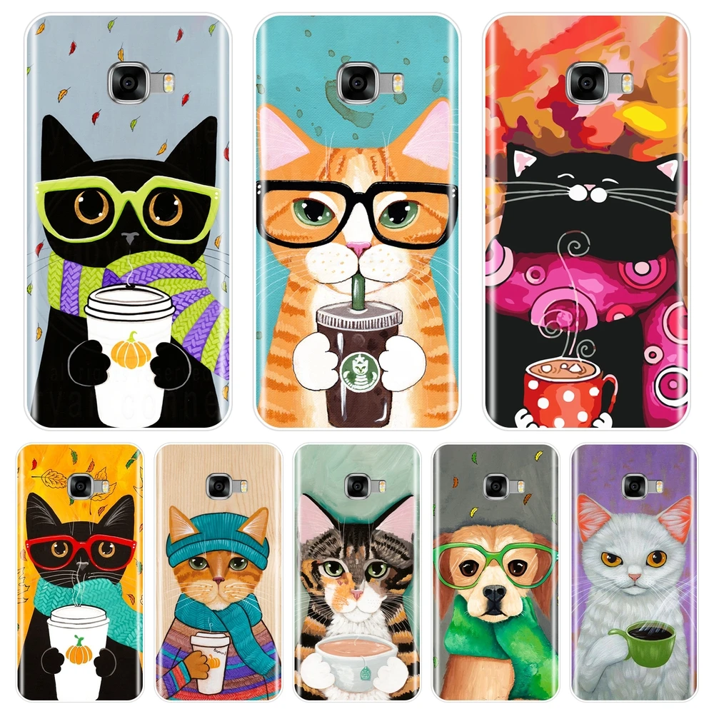 Черный чехол для телефона Kawaii Cat Cute Dog Samsung Galaxy C9 C7 C5 Pro силиконовый мягкий