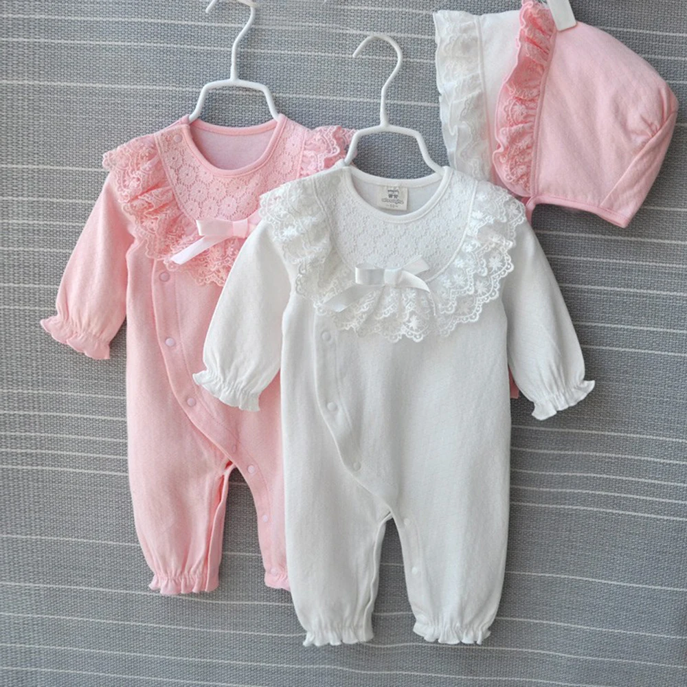 Lace Baby Clothing Spring Autumn Winter Female Baby Newborn Style Jumpsuit 0-3 Months Cotton Romper+Hat 2Pcs Spring Wear Clothes