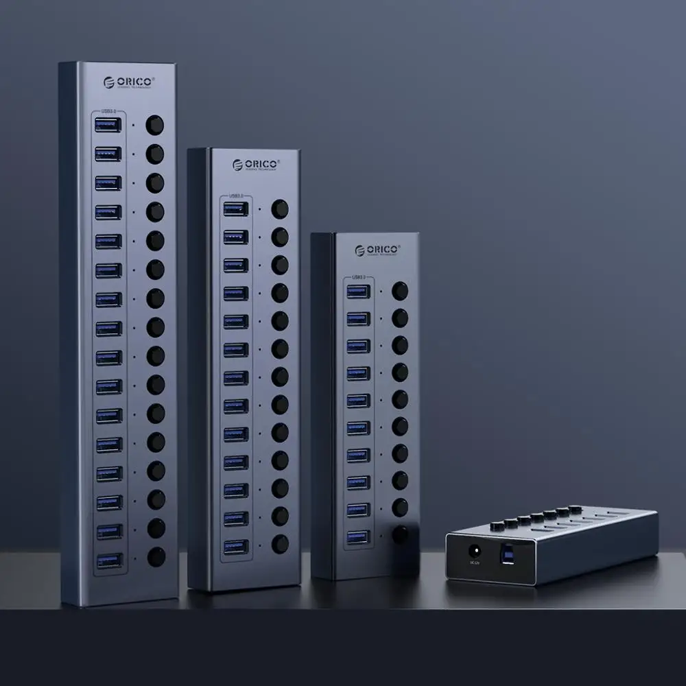 Orico-divisor Usb de Alumínio Ligar e Desligar Interruptor Suporte de Computador Adaptador de Alimentação 12v Industrial Usb 3.0 Hub 10 13 16 - Imagem 3