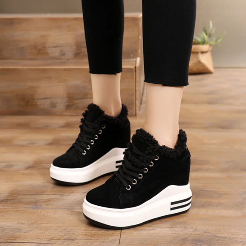 

Женские кожаные кроссовки на плоской платформе, черные повседневные кроссовки на массивной подошве, теплая плюшевая обувь для зимы