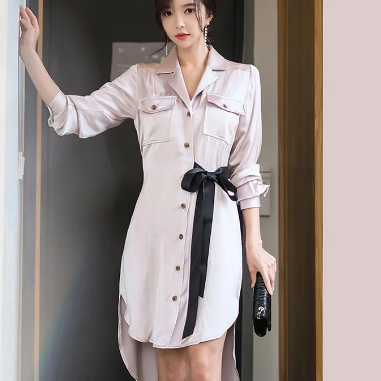 

WOMEN'S Dress 2019 New Style Korean-style Fashion Irregular Long Sleeve Waist Hugging Single Breasted Mid-length Shirt Dress