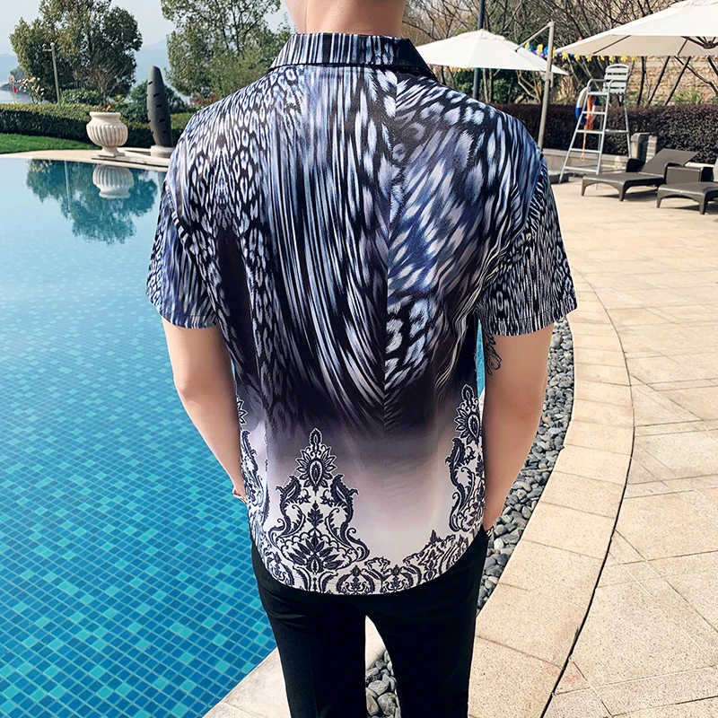 Ретро печати рубашки мужские летние с коротким рукавом Slim Fit гавайская рубашка мужские модные Клубные выпускные рубашки Camisa Masculina Social рубашка