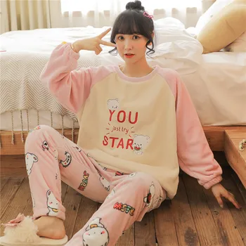 

XIZOU Pajamas Set Women Plush Warm Sexy Autumn Winter Thick Pyjamas Flannel Home Spring Cartoon Student Sleepwear 2Piece/Set
