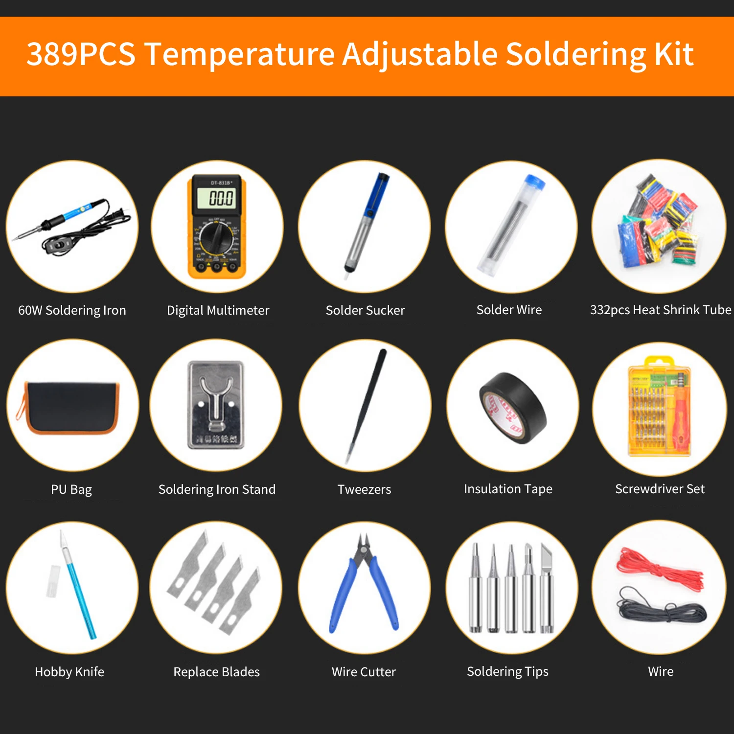 

Hot New 389pcs Soldering Irons Kit with Digital Multimeter 60W Adjustable Welding Tool 332Pcs Heat Shrink Tubing 32 in 1 Screwdr