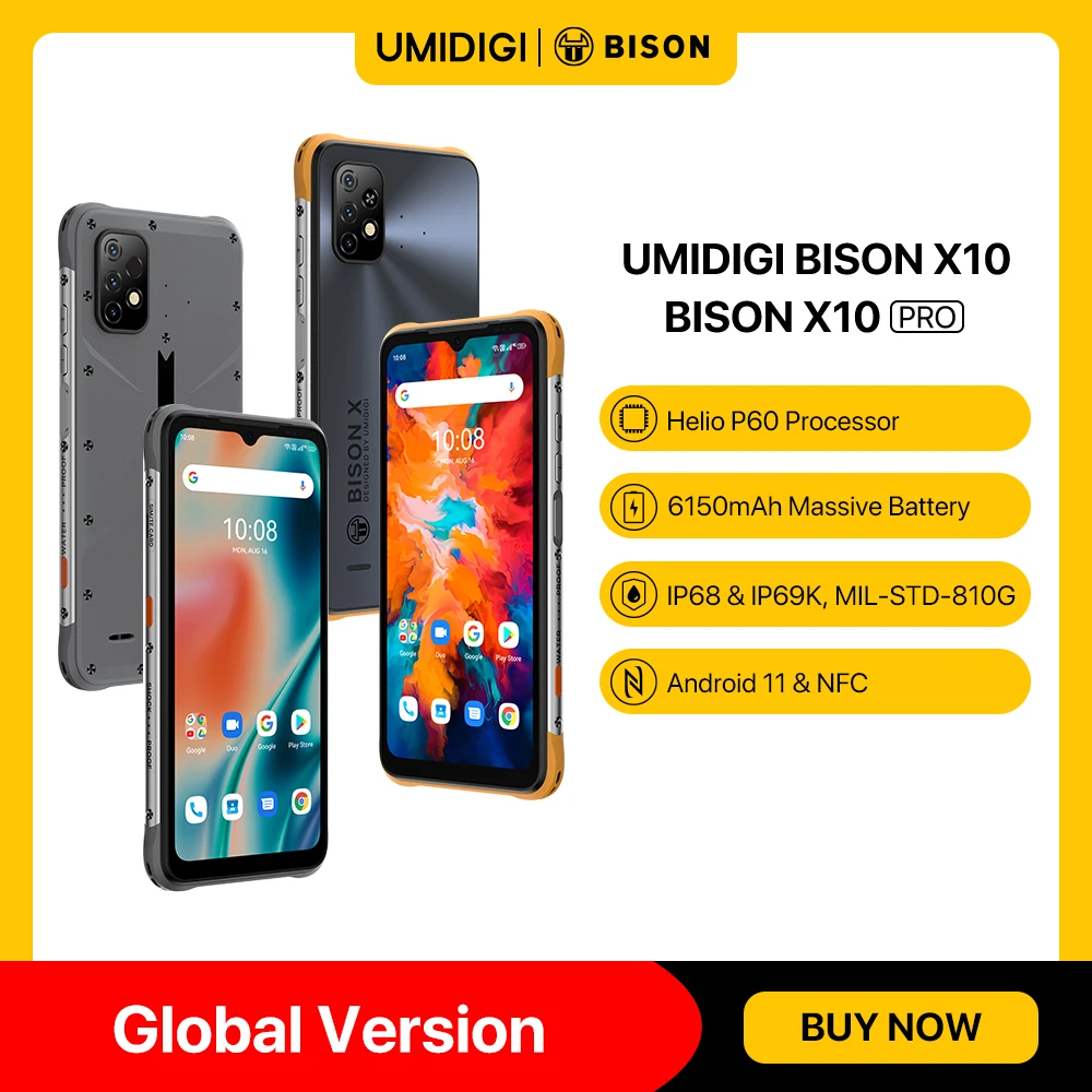 new android cell phones UMIDIGI BISON X10 X10 Pro Global Version Smartphone NFC IP68 Cellphone 64GB/128GB Helio P60 20MP Triple Camera 6.53"HD+ 6150mAh samsung dual sim phone price