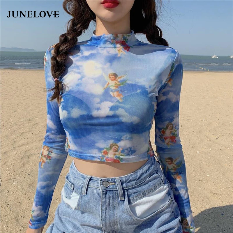 Floral Print Sheer Blue Black Mesh Long Sleeve Blouse Shirts Women Spring Summer Pullovers Elegant Sexy See Through Tops 4