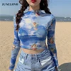 Floral Print Sheer Blue Black Mesh Long Sleeve Blouse Shirts Women Spring Summer Pullovers Elegant Sexy See Through Tops 4