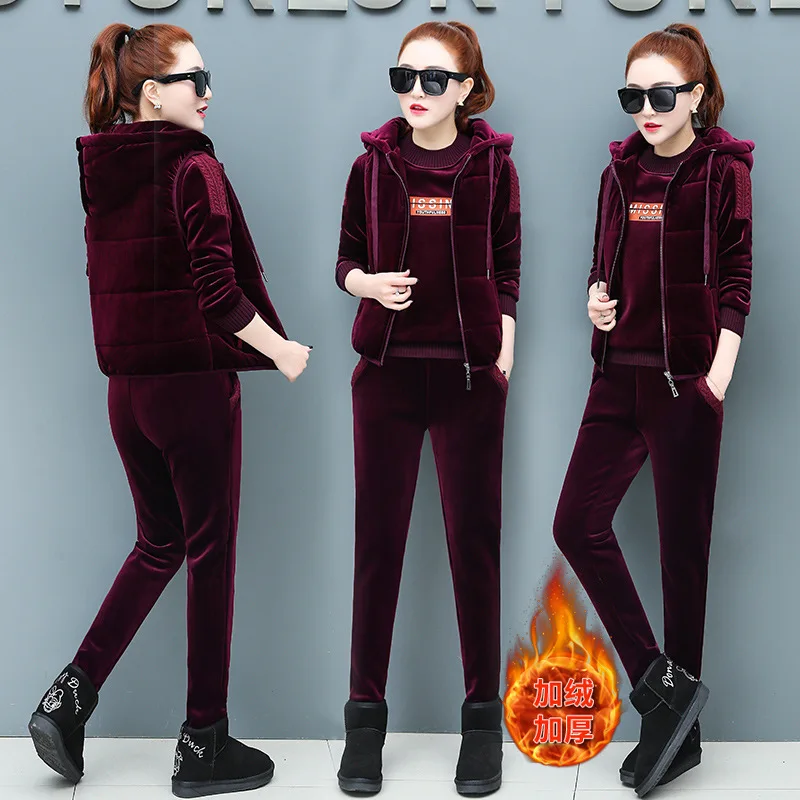 

Casual Sports Clothing Set Female Winter 2019 New Style Fashion Brushed And Thick Hoodie Three-piece Set Large Size Fashion