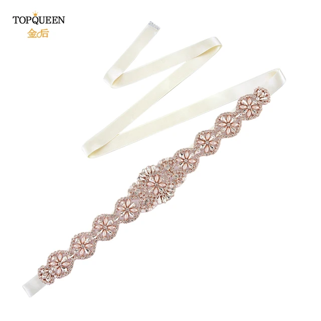 TOPQUEEN S161-RG Bridal Wedding Rose Gold Party Belts for Women Fashion Rhinestone Ribbon Fancy Sash Formal Prom Dress Belt Ivory Ribbon