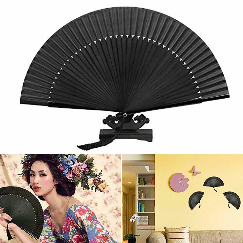 Wedding Craft Gift Folding Fan Elegant Handheld Women Decoration Handmade Home Black DIY Artificial Silk Fabric Props Summer