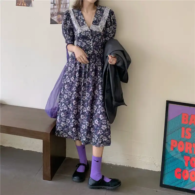 women purple patchwork v neck elegant lace dresses