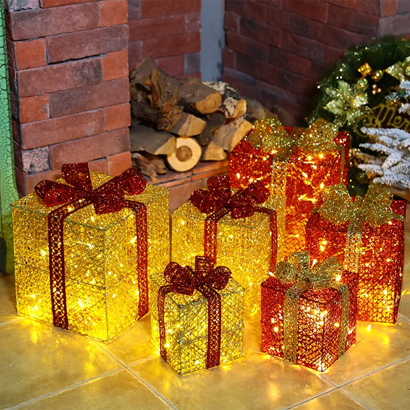 Christmas Gift Box Lamp Three-piece Set With Battery Box Holiday Light String Warm White   Christmas LED Wrought Iron Decor Scen