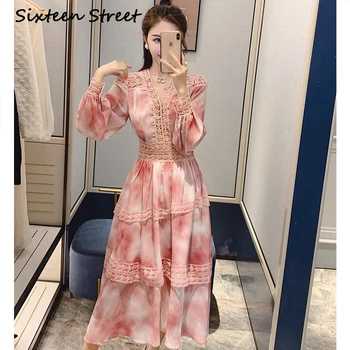 

New Spring Pink V-neck Chiffon Dress Female 2020 printed Lace hollow elegant party dress for woman long sleeve