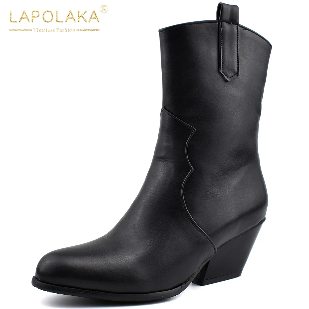 

Lapolaka Top Quality Mid Calf Boots Women Snake Veins Pointed Toe Lady Chunky Heels Western Boots Shoes Woman Big Size 48