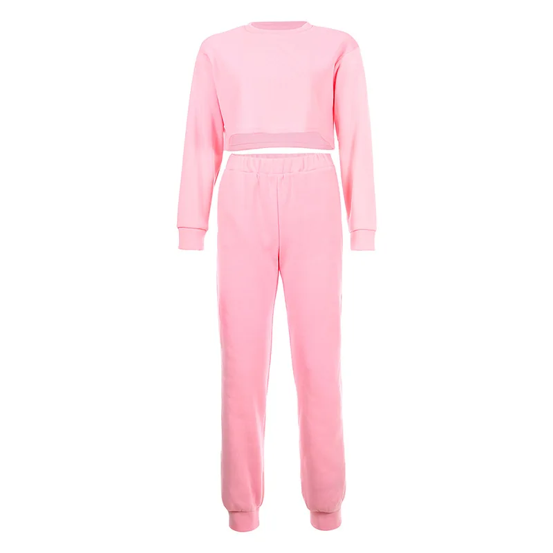 Женский хлопковый уличная одежда, однотонный милый комплект из двух предметов, осенний свитер кроп-топ, штаны для бега, модный сексуальный костюм - Цвет: Розовый