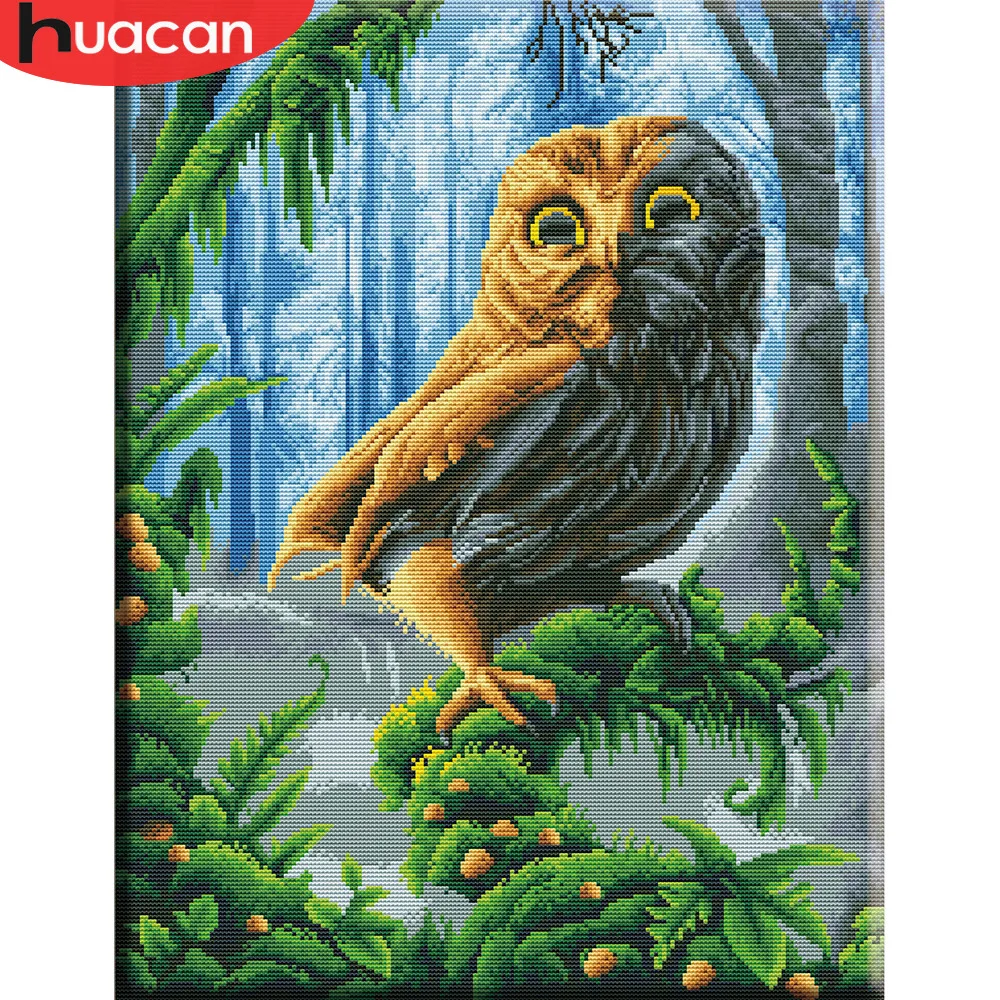 HUACAN Cross Stitch Embroidery Kits 14CT Owl Animal Cotton Thread Painting DIY Needlework Home Decoration