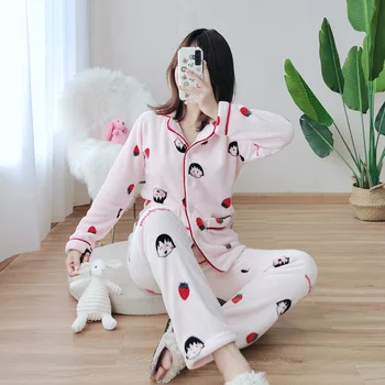 

Autumn and winter new women's pajamas suit thickened flannel warm home service large size coral fleece pajama set women
