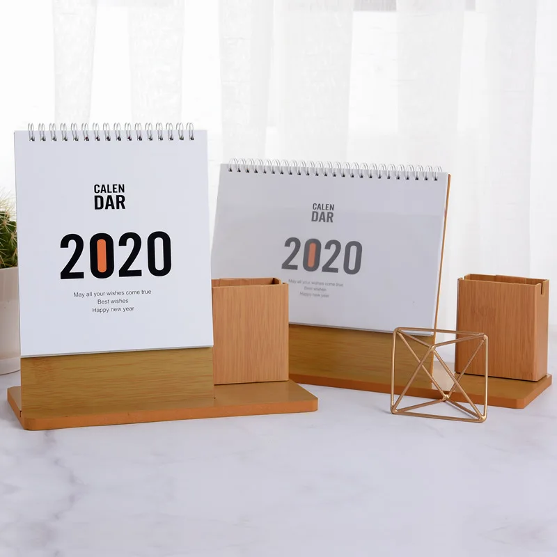 

2020 Desk Calendar Desktop Decoration Calendar For Office Note Simple And Creative With Wooden Pen Holder Mobile Phone Holder