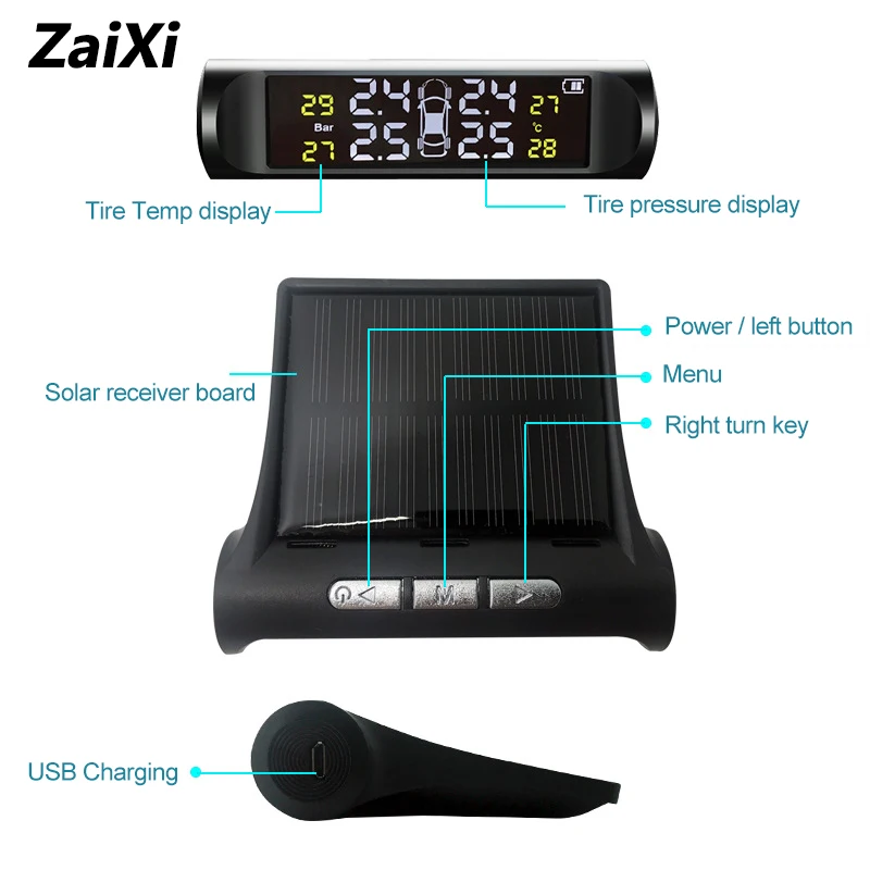 Система контроля давления в шинах ZaiXi система контроля давления в шинах на солнечных батареях 4 колеса внутренний внешний датчик шин оповещение о температуре