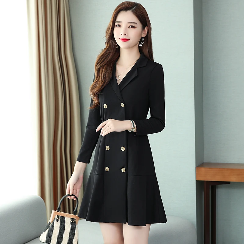 Autumn Spring Black Long Sleeve Mini Women Dress Korean Slim Elegant Casual Office Dress Runway 2020 V-neck A-line Short Vestido