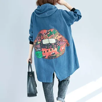

Plus Size Autumn Trench Coats For Women Cartoon Print Cotton Hoodeds Denim Windbraker Oversize Vintage Cardigan 2020 4XL 5XL 6XL