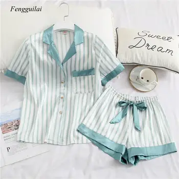 

Women Pajamas Set 2 Pieces Stripe Faux Silk Pajamy Suit Cute Simple Casual Sleepwear Short Sleeves Shorts for Female