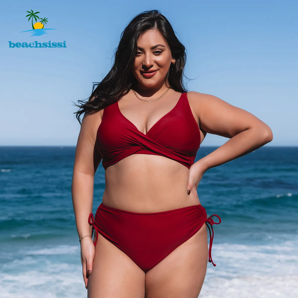 Beachsissi Plus Size Twist Front Bikini Set 2 Piece Women Sexy Large Solid Swimsuit Drawstring Bathing Suits Beachwear | Женская одежда