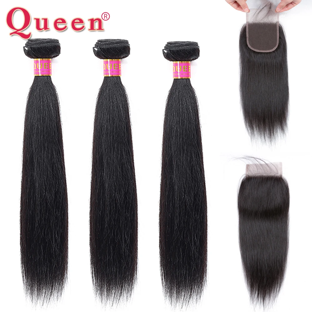 

Queen Hair Products Peruvian Hair Bundles With Closure 4PCS/Lot 100% Remy Human Hair Straight Hair Bundles With Closure