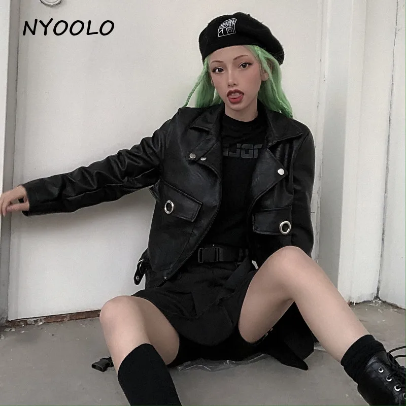 NYOOLO Harajuku стиль кольцо большой карман панк куртка из искусственной кожи Повседневная Уличная тонкая короткая мотоциклетная куртка на молнии женская верхняя одежда