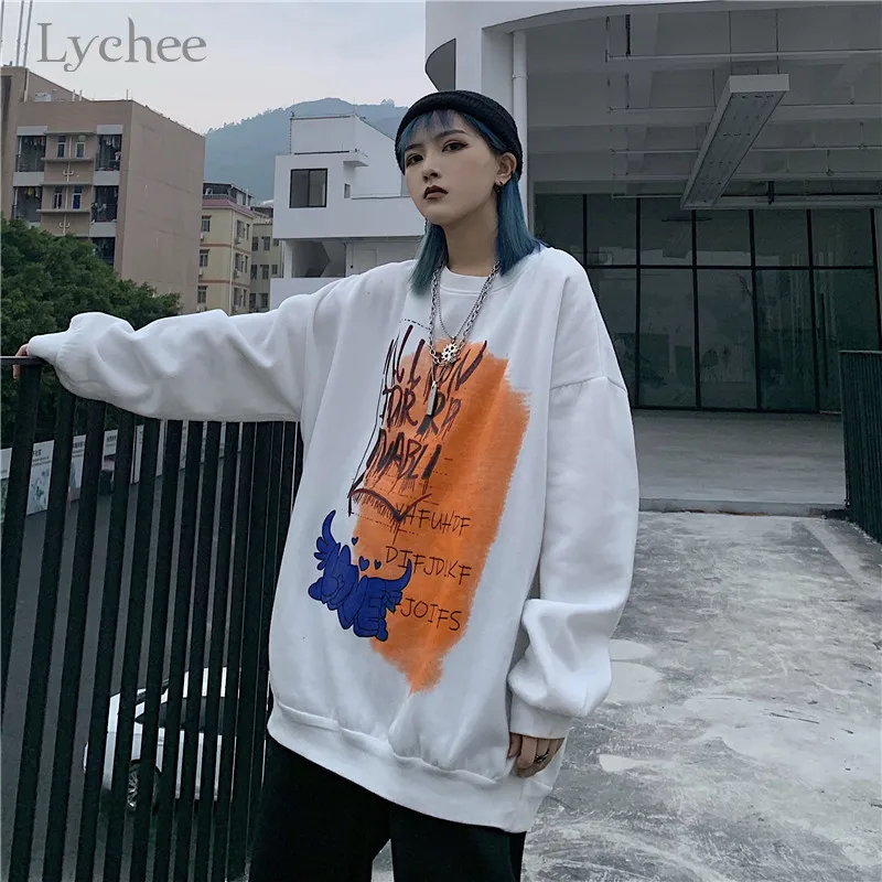 Lychee Harajuku Casual Autumn Winter Lady Fleece Sweatshirts Graffiti Women Fleece Sweatshirt O-neck Loose Female Pullovers Tops