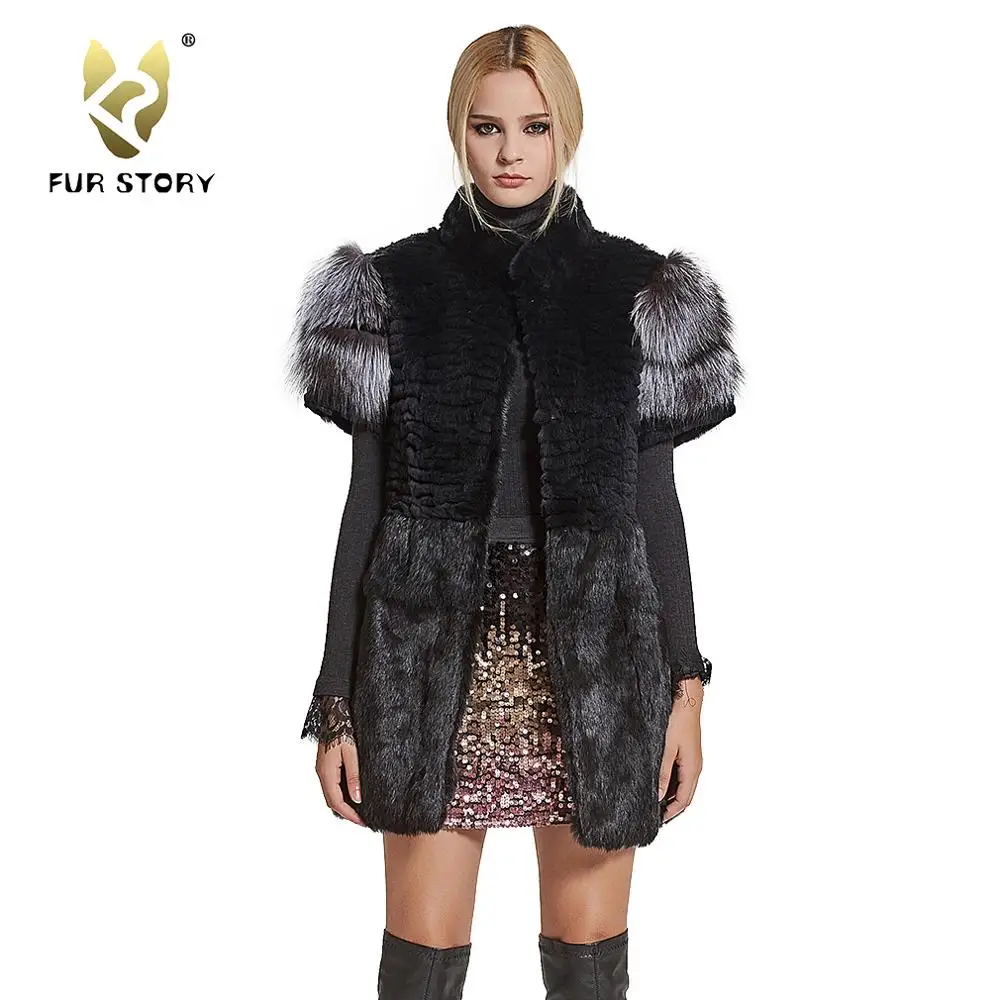 Women's Vest Real Rabbit Fur Vest with Real Sliver fox fur Sleeve Fashion Lady Gilet Waistcoat
