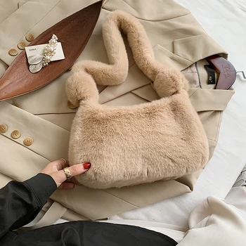 

Luxurious Faux Fur Shoulder Bags Fashion Winter Soft Warm Handbag versatile wool hand bag