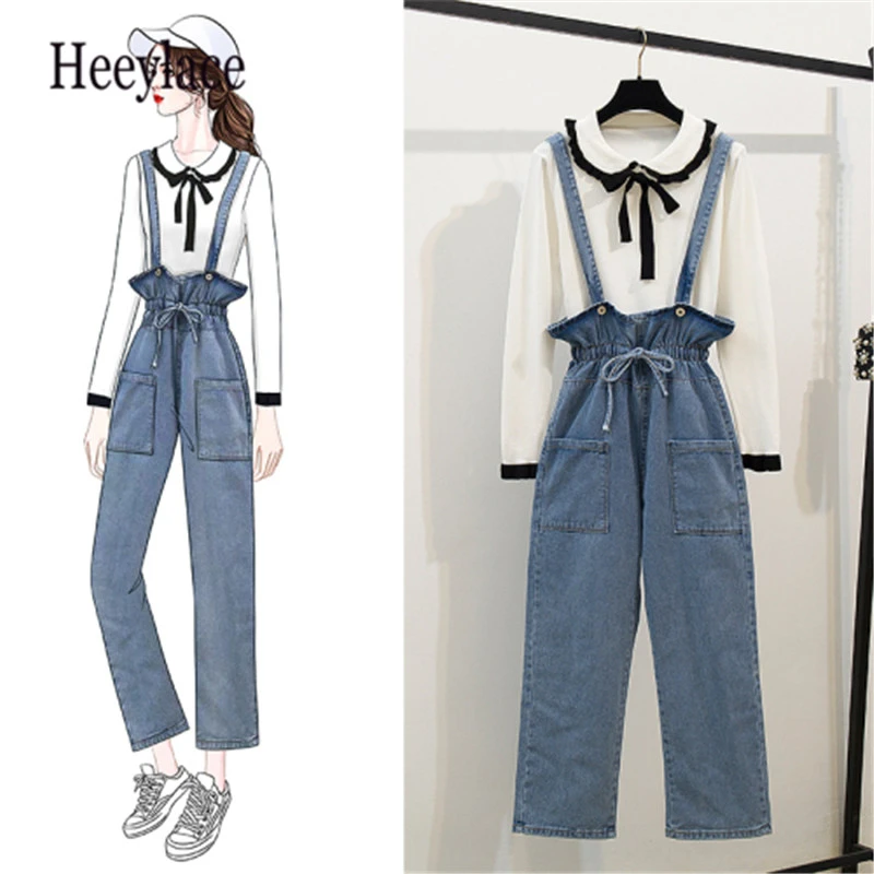 

2 Piece Set Korea Fashion 2019 Women Sweater Clothes Set Bow Peter Pan Collar Pullovers+High Waist Pocket Suspender Jeans Pants