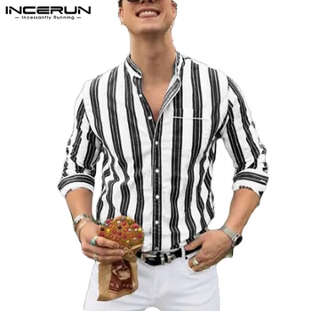 

INCERUN Casual Shirt Men Striped Long Sleeve Stand Collar Handsome Fashion Button Street Business Mens Basic Shirts 2020 S-5XL