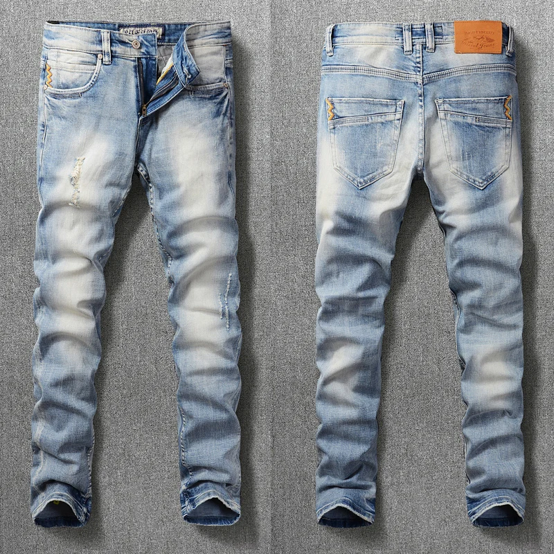 Korean Style Fashion Men Jeans High Quality Retro Light Blue Embroidery