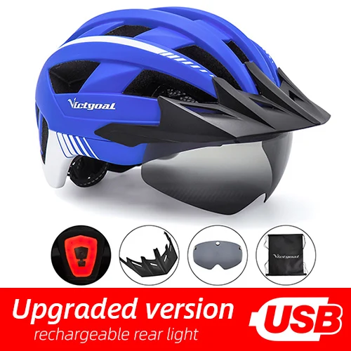 Blue Helmet VICTGOAL шлем для горной дороги, велосипедный шлем с солнцезащитным козырьком, очки для мужчин и женщин, велосипедный шлем, задний светильник, магнитные очки, велосипедные шлемы - Цвет: Blue Helmet