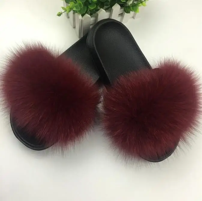 Real Raccoon Fur Slippers Women Sliders Casual Fox Hair Flat Fluffy Fashion Home Summer Big Size 45 Furry Flip Flops Shoes - Цвет: fox