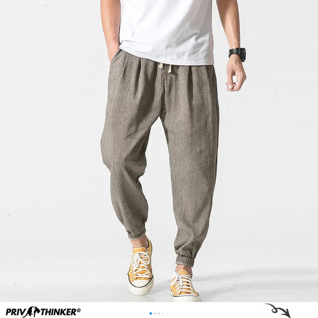 Privathinker Cotton Linen Casual Harem Pants Men Joggers Man