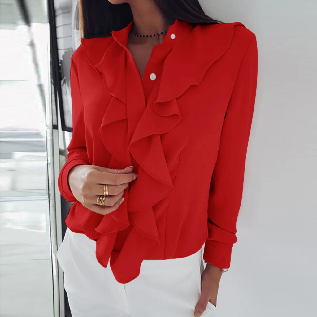 Блузка женская с длинным рукавом блузка с рюшами спереди рубашка женская Офисная размера плюс женские Топы s и блузка sropa mujer блуза женска - Цвет: Красный