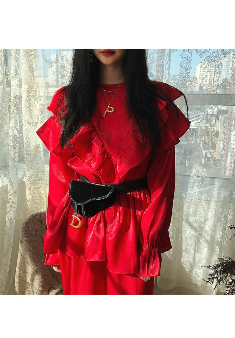 SHENGPALAE, новинка, весеннее шикарное платье с круглым вырезом, кромкой в виде листа лотоса, свободное глянцевое винтажное красное нарядное платье, длинное женское платье A918