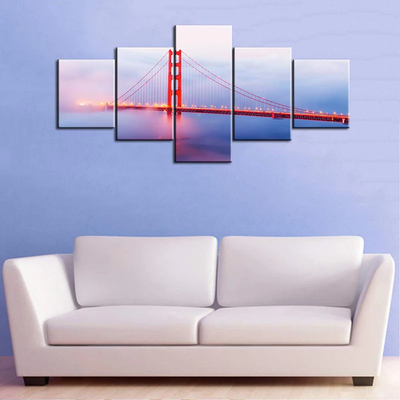 

5 Pieces Picture City Sunset View Bridge Modern Canvas Painting Wall Art Unframed Home Decoration for Living Room Bedroom Mural