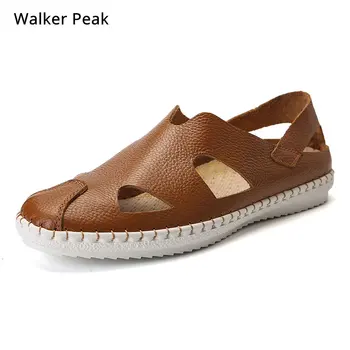 

2019 New Man Sandals Genuine Leather Leisure Driving Shoes Men Beach Shoes Sewing Slip-on Ankle-Wrap Casual Shoes Walker Peak