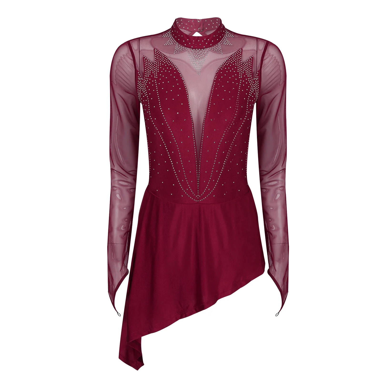 

Womens Adults Shiny Rhinestones Ballet Dance Leotard Dress Sheer Mesh Long Sleeves Figure Ice Skating Roller Skating Costumes