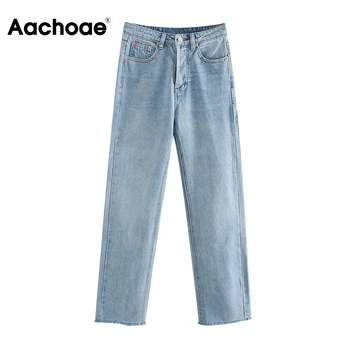 

Women Retro Light Blue Color Long Jeans Fashion Raw Edge Baggy Denim Pants Lady Button Fly Straight Casual Mom Jeans Pantalones