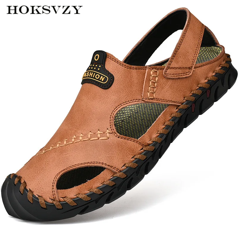 HOKSZVY/большие размеры; коллекция года; мужские летние кожаные сандалии на мягкой подошве; Baotou; пляжная обувь; нескользящие сандалии; шлепанцы; CLK-89095
