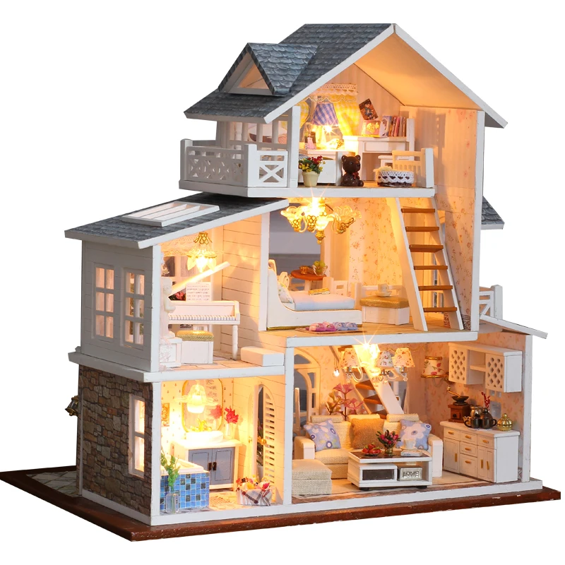 Doll House Wooden Miniature DollHouse furniture DIY Kit LED & Music Box Gift Toy 